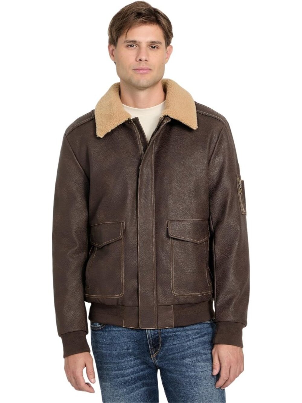 Guess Men's Brown Pointy Collar Long Sleeve Emil Old Vintage Aviator Jackets